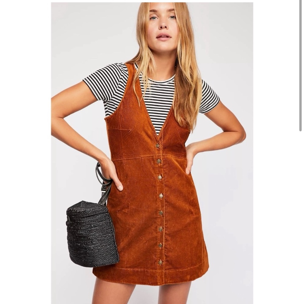 Free People Rolling Thunder Corduroy Button Mini Dress in Cinnamon Brown